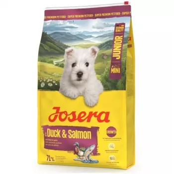Sucha karma dla psa JOSERA Mini Junior Duck & Salmon 900 g — dla szczeniąt małych ras, białko 29%, tłuszcz 18%