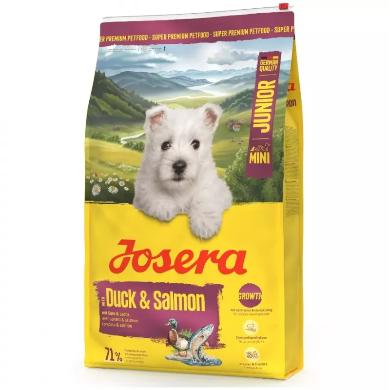 Sucha karma dla psa JOSERA Mini Junior Duck & Salmon 900 g — dla szczeniąt małych ras, białko 29%, tłuszcz 18%