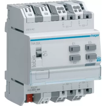 Moduł we/wy cyfrowo-analogowy Hager TXA304 — Wejście cyfrowe, 4 kanały, 21–32 V DC, do 230 V, 50–60 Hz