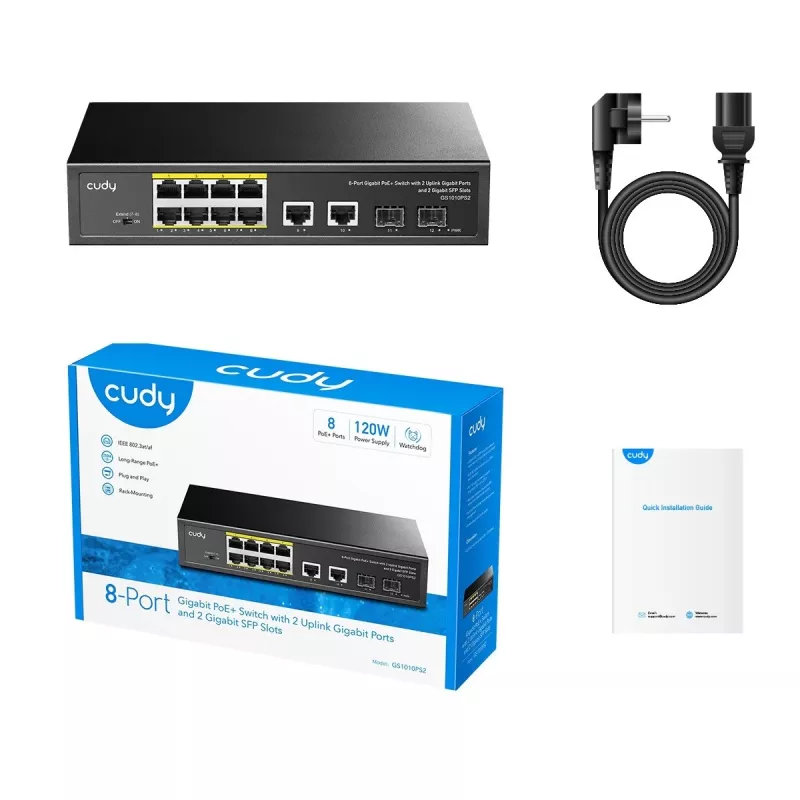 Cudy GS1010PS2 przełącznik sieciowy Niezarządzalny Gigabit Ethernet (10/100/1000) Power over Ethernet (PoE) Czarny