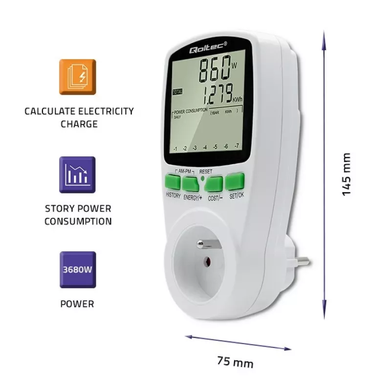 Miernik mocy QOLTEC PM0627 3680W z historią — QOLTEC PM0627 3680W