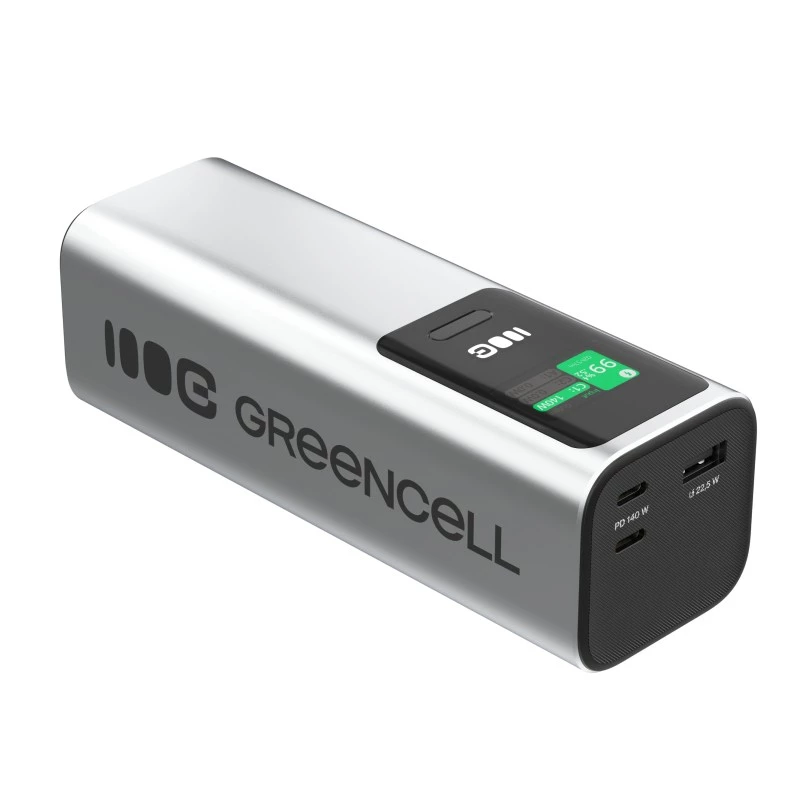 Przenośny akumulator Green Cell PBGC25UD, 25200 mAh, Li‑Ion, 140 W mocy całkowitej, 2× USB‑C + 1× USB‑A, wyświetlacz OLED, aluminiowa obudowa