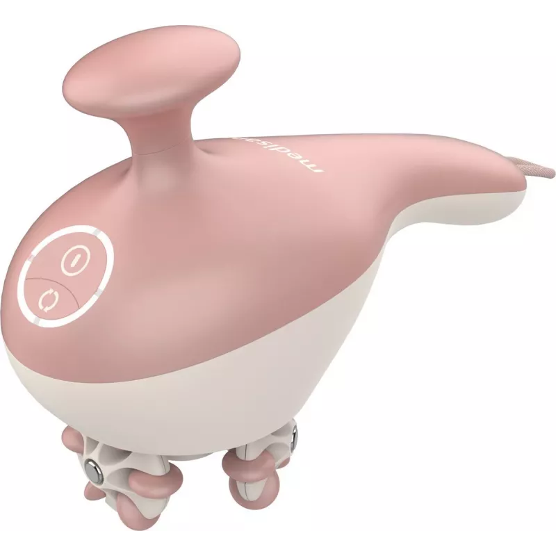 Ręczny masażer rolkowy Medisana AC 950 — bezprzewodowy Li‑Ion, 2 poziomy mocy, ergonomiczne uchwyty, 381 g, różowe złoto/biały