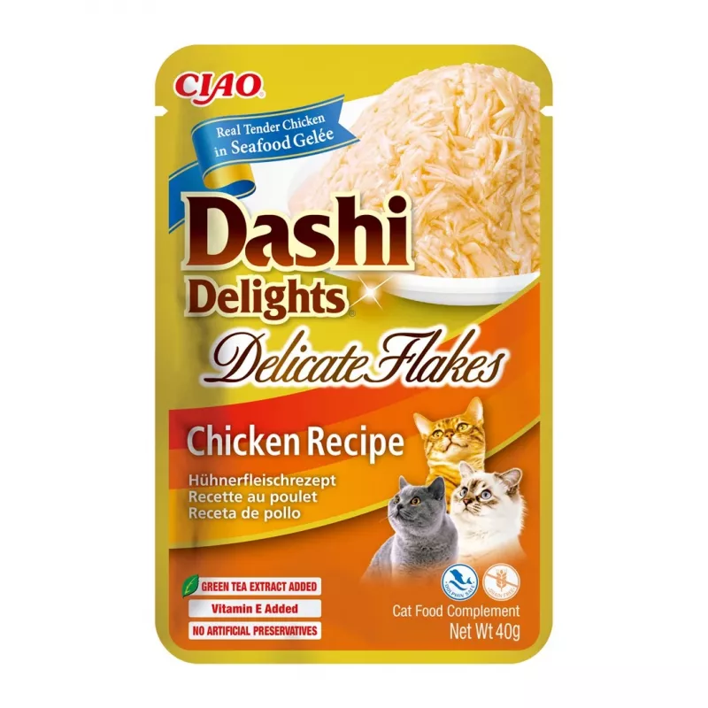 Mokry przysmak dla kota INABA Dashi Delights Delikatne Płatki z Kurczaka 40 g — dietetyczny, 86% wilgotności, 12% białka