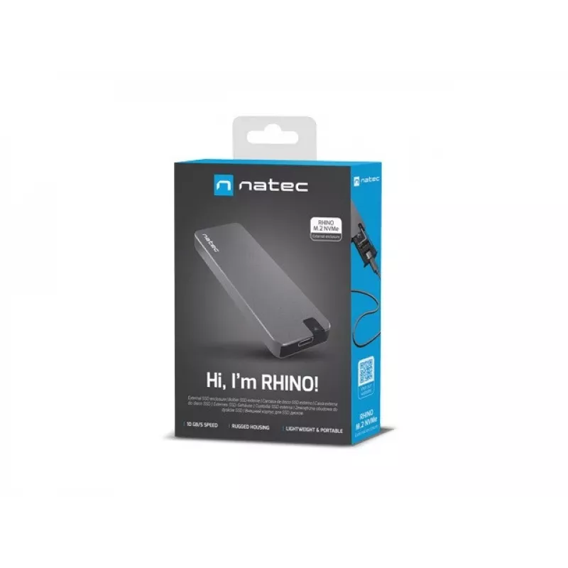 SSD enclosure NATEC Rhino M.2 NVMe Czarna 2 TB USB Type-C, M.2 NVMe, USB 3.1 Gen 2, obsługuje 30 mm