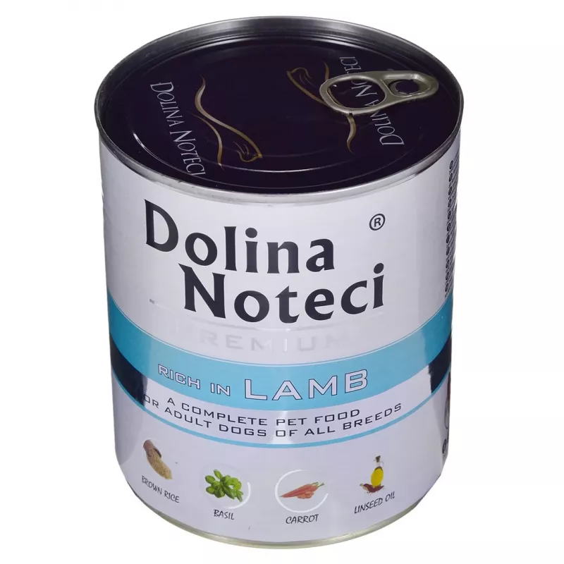 Mokra karma dla psa Dolina Noteci Premium z jagnięciną, puszka 800 g — bezzbożowa, dorosłe psy, białko 12%, wilgotność 77%