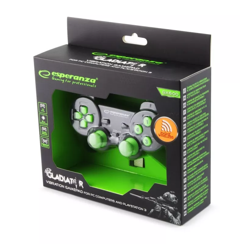 Przewodowy gamepad ESPERANZA EGG108G — USB 2.0, 12 przycisków, analogowy/cyfrowy, D-pad, do PC i PlayStation 3, czarny/zielony