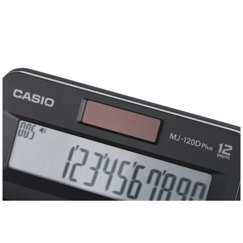 Kalkulator biurkowy CASIO MJ-120D PLUS — podstawowy 12-cyfrowy, bateria/słoneczny, 35 klawiszy, podatek i pierwiastek kwadratowy, czarny