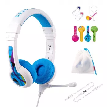 Przewodowy zestaw słuchawkowy BuddyPhones School+ — Pałąk na głowę, wokółuszne, 20–20000 Hz, kabel 1,4 m, Niebieski/Biały