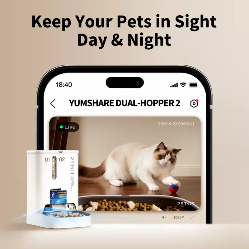 Automatyczny karmnik dla zwierząt PETKIT YumShare Dual-hopper 2 z kamerą, pojemność 5 L, ABS i stal nierdzewna 304, biały
