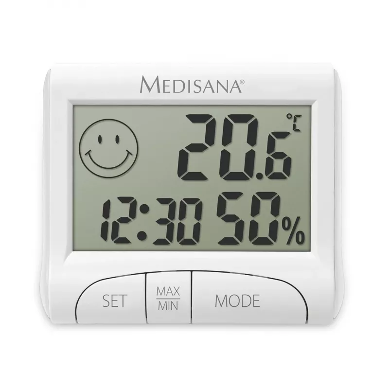 Elektroniczny higrometr wewnętrzny Medisana HG 100 — termometr cyfrowy, wilgotność 20–90%, temp. -10–50 °C, wyświetlacz stołowy, bateria AAA