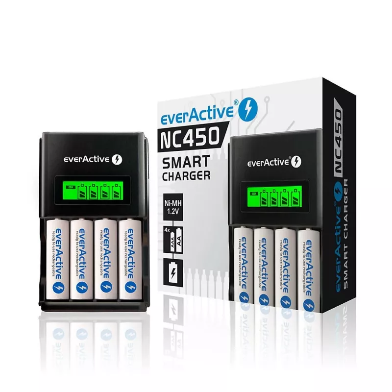 Ładowarka do akumulatorów everActive NC450B — ładowarka na 4 ogniwa AAA, 110/230 V AC, czarna