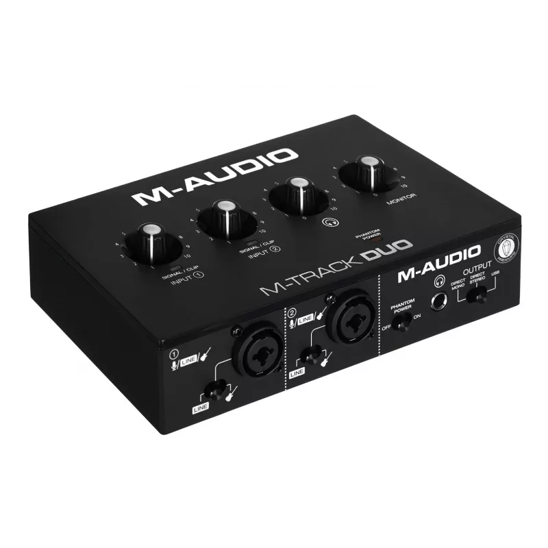 Interfejs audio M-Audio M-Track Duo — USB 2 we/2 wy, 16-bit/48 kHz, 1x combo XLR/TS, 1x wejście instrumentalne, phantom 48V