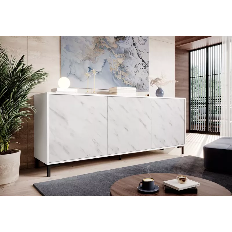 MARMO 3D komoda 200x45x80,5 cm biały matowy/marble biały