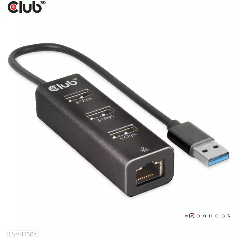Hub USB CLUB3D USB 3.2 Gen1 Type-A, 3 porty i Gigabit Ethernet