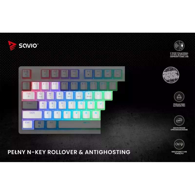 Klawiatura gamingowa Savio Phenix biały GAT czerwony PUD przewodowa bezprzewodowa USB Bluetooth RGB LED