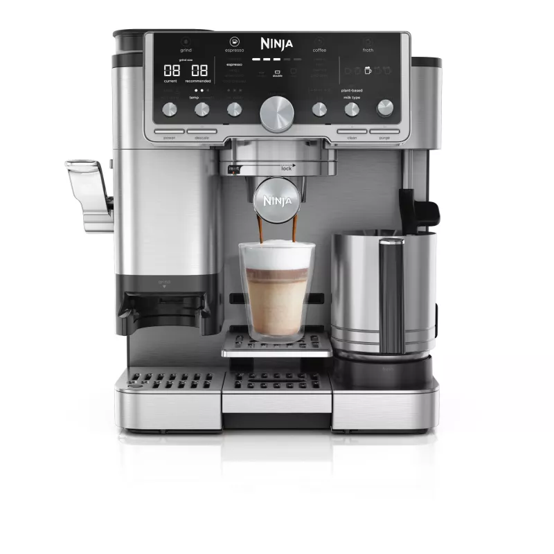 Ekspres do kawy Ninja ES701EU — półautomatyczny ekspres do kawy/espresso, wbudowany młynek, zbiornik na wodę 2 l, 1650 W, 25 ustawień mielenia, pojemnik na mleko, pompa 14 bar