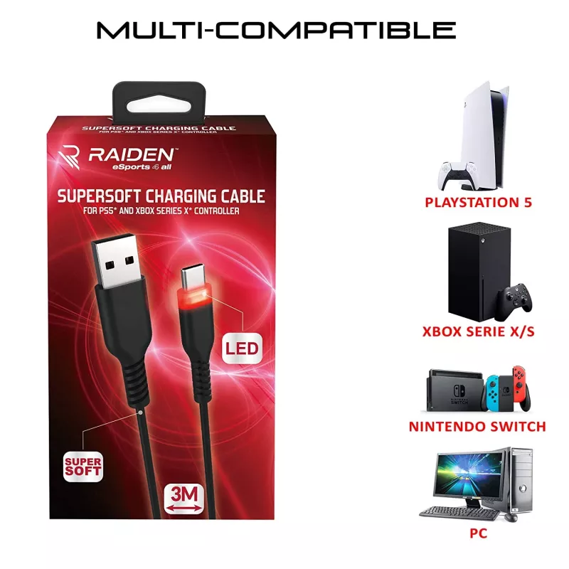 Kabel ładujący USB-C SUBSONIC SA5601 3 m – Kompatybilny z PS5, Xbox, Nintendo Switch