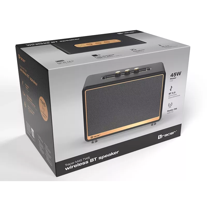 Przenośny głośnik stereo TRACER M45 Czarny — Bluetooth 5.0, 45 W RMS, radio FM, wbudowany mikrofon, zasilany bateriami