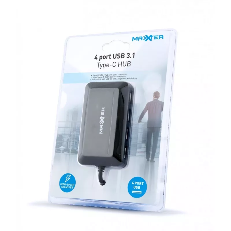 GEMBIRD ACT-HUB3C-4P — hub USB 3.2 Gen 1 z interfejsem hosta typu A do 4 × USB 3.2 Gen 1 typu C, 5000 Mbit/s, czarny