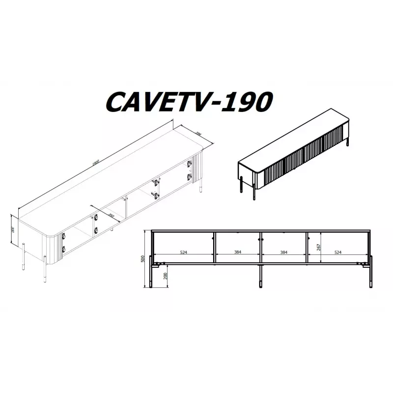 Szafka TV cama meble VERA 190x40x50 cm — blat i rama matowe czarne
