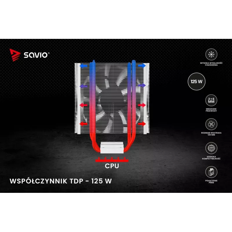Chłodzenie procesora SAVIO SAVGCOFROSTX2 120 mm czarny, 2 rurki cieplne, 800–1800 RPM, 4‑pin