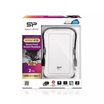 Zewnętrzny dysk HDD Silicon Power Armor A30 2 TB 2,5 cala USB 3.2 Gen 1, biały, odporny na wstrząsy, 256-bitowe AES