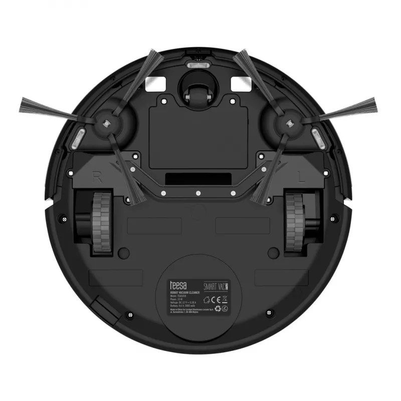Robot odkurzający TEESA Smart VAC 2 — okrągły, czarny, siła ssania 1000 Pa, bateria litowa 9,6 V/2000 mAh, pojemnik na kurz 0,2 l, Wi‑Fi, automatyczny powrót
