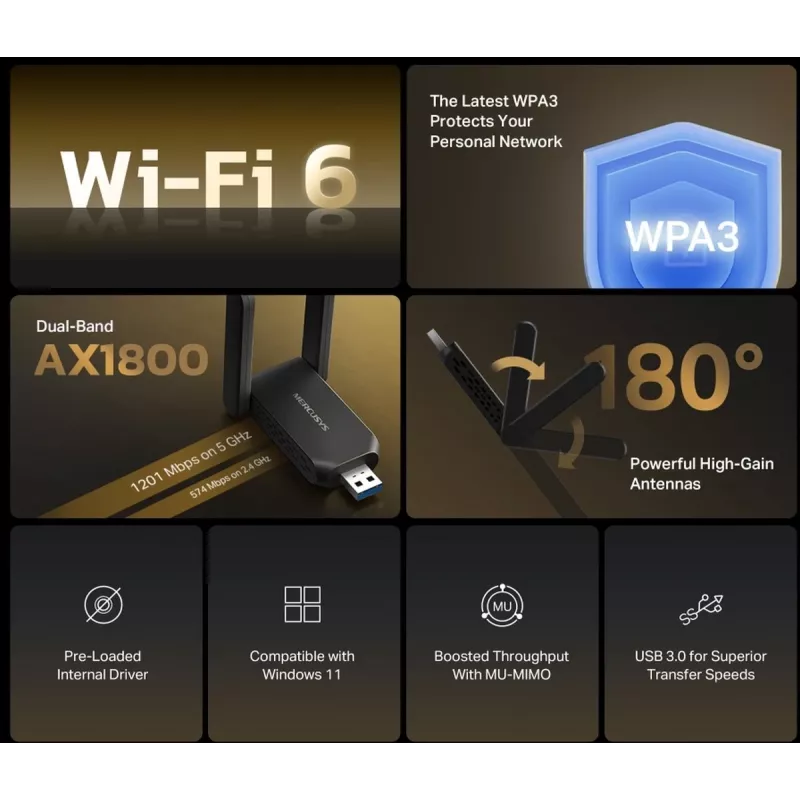 Adapter Wi‑Fi USB MERCUSYS MA72XH AX1800 z antenami o wysokim wzmocnieniu, USB-A Plug‑and‑Play