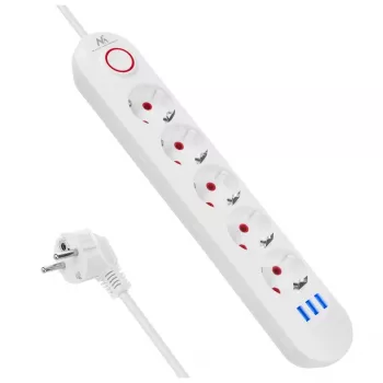 Listwa zasilająca MACLEAN MCE395 W — 5 gniazd, 3× USB A, 110–240 V AC, 2,1 A USB, maks. 2500 W, biała, kabel 1,5 m