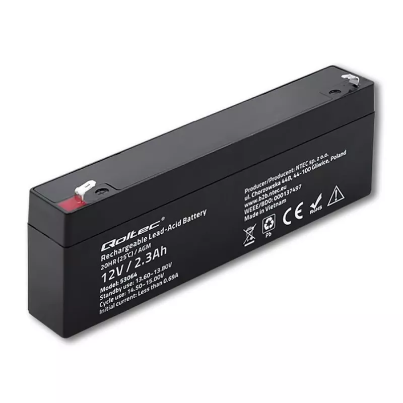 Szczelny akumulator AGM QOLTEC 12V 2,3Ah do UPS i systemów rezerwowych, maks. rozładowanie 34,5A