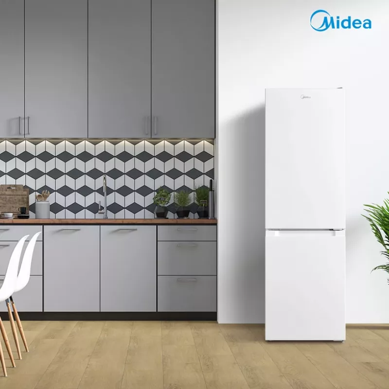 Lodówka combo Midea MDRB369FGE01 — 262 l (chłodziarka 194 l / zamrażarka 68 l), 177,3 cm, klasa energetyczna E, biała