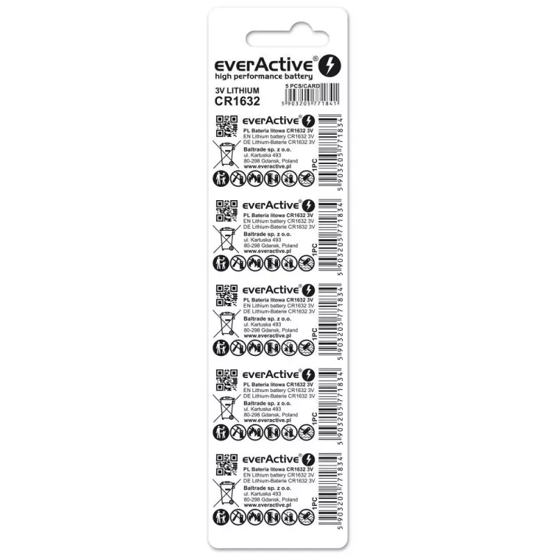 Bateria everActive CR1632 litowa jednorazowa guzikowa 3 V — 5 szt., 16 mm × 3,2 mm