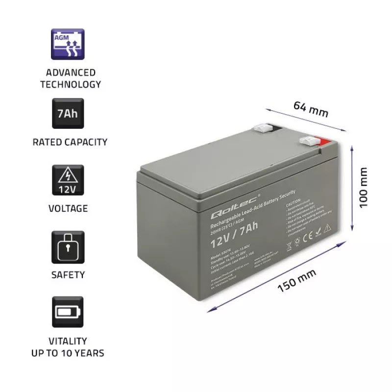 Qoltec 53076 Bateria AGM | 12V | 7Ah | Systemy alarmowe