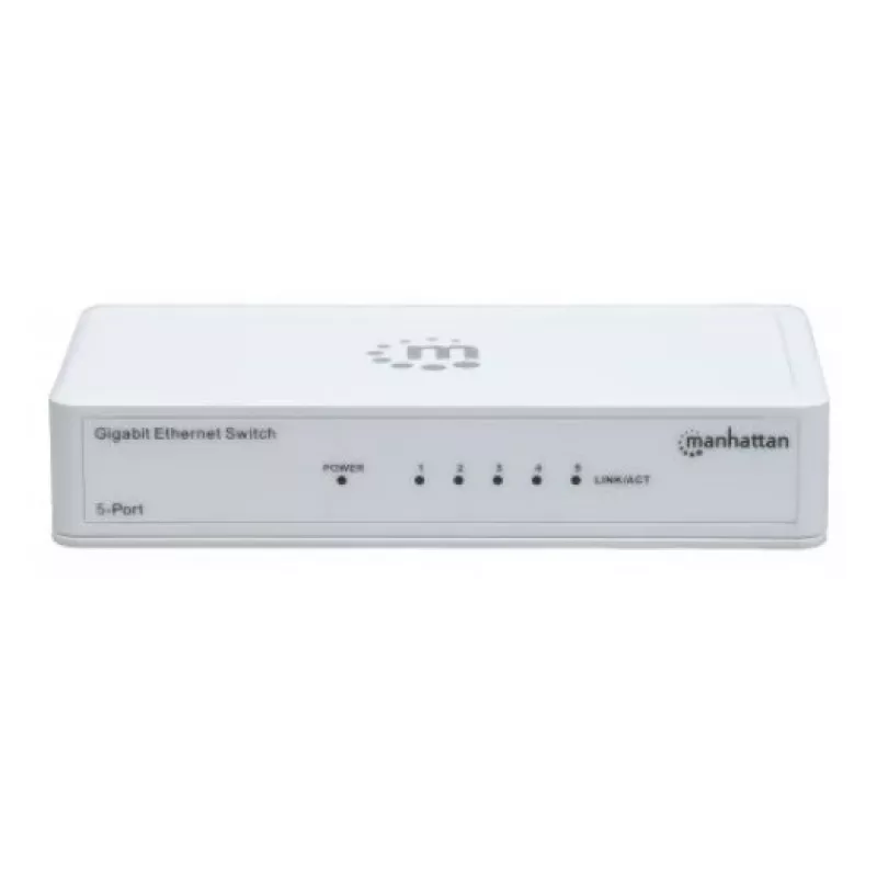 Manhattan 5-portowy przełącznik Gigabit Ethernet, rozmiar biurkowy, tworzywo sztuczne, IEEE 802.3az (Energy Efficient Ethernet), trzyletnia gwarancja, opakowanie
