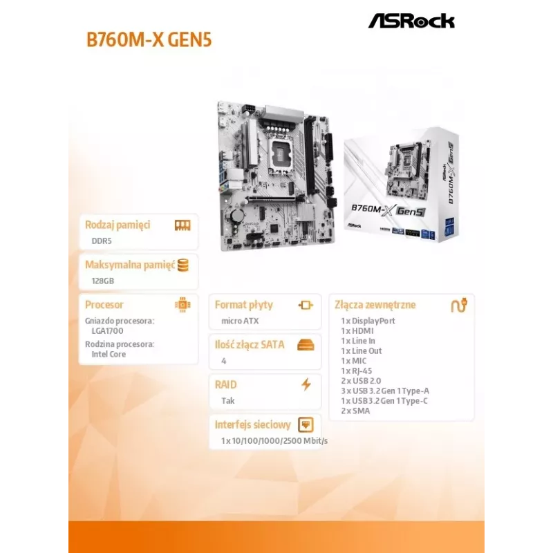 Płyta główna ASROCK B760M-X GEN5 mATX dla LGA1700, 2× DDR5, DisplayPort i HDMI