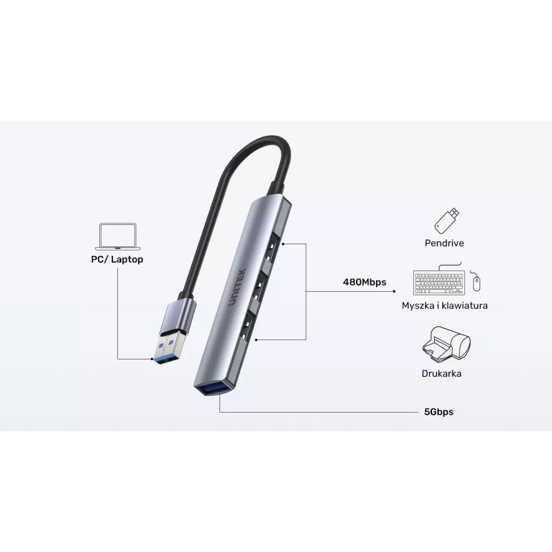 Unitek H1208A hub USB-A, 4 porty (1x USB-A 5 Gbps, 3x USB-A 2.0), aluminiowy, srebrny