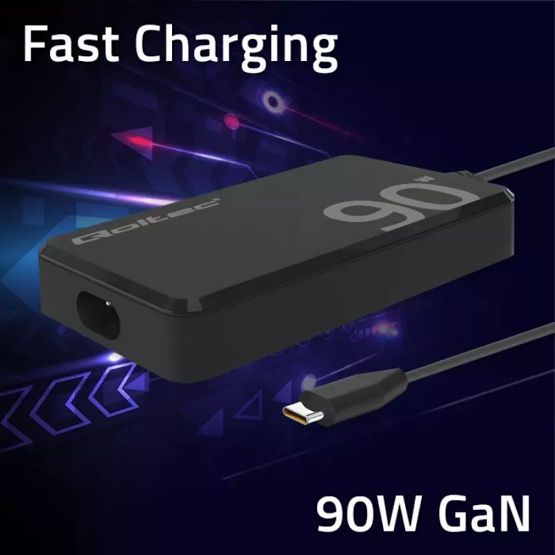 Qoltec 90W GaN Super Fast SLIM Ładowarka ścienna | XP | 5-20V | 4,5A | USB-C 3.1 | Laptop | MacBook | Smartfon | + kabel