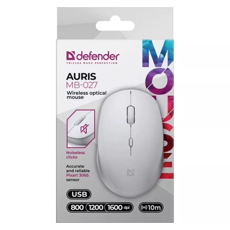 Bezprzewodowa mysz cichy klik AURIS MB-027 800/1200/1600 DPI biała