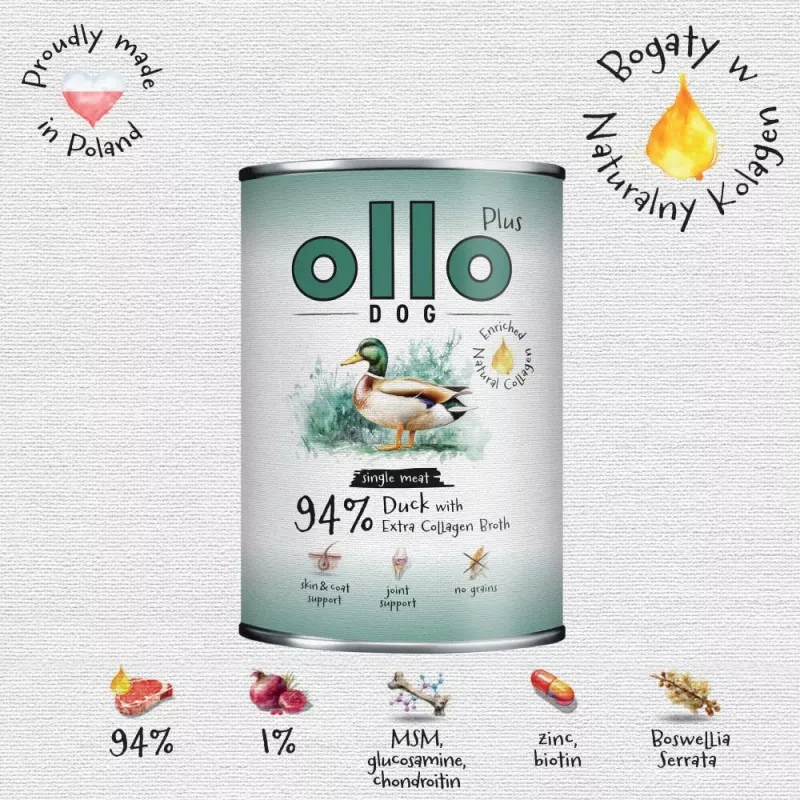 Ollo Plus Kolagen kaczka 400g puszka karmy dla psów