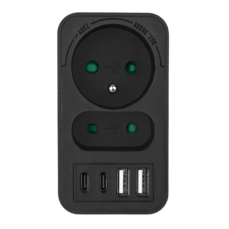 Rozgałęźnik zasilania MACLEAN MCE249 F/B — 2 gniazda AC (16A + 6A) z 2×USB-A i 2×USB-C PD 20W, wtyk EU, czarny