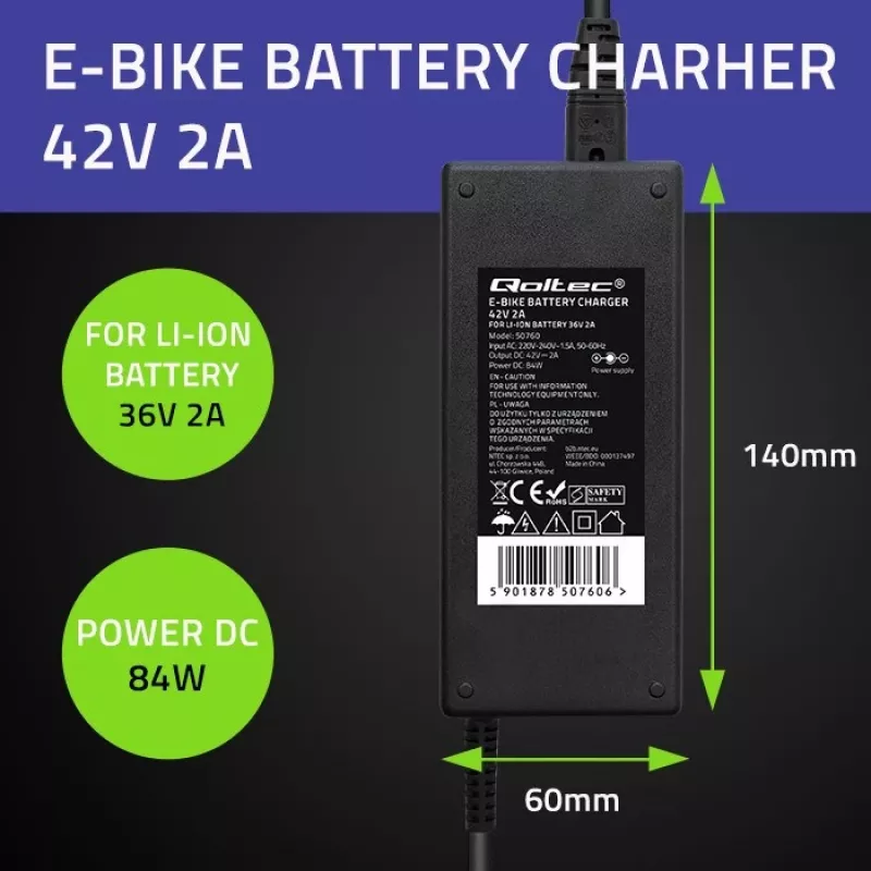 Qoltec 50761 Ładowarka do akumulatorów rowerów elektrycznych 36V | 42V | 2A | 5,5*2,5
