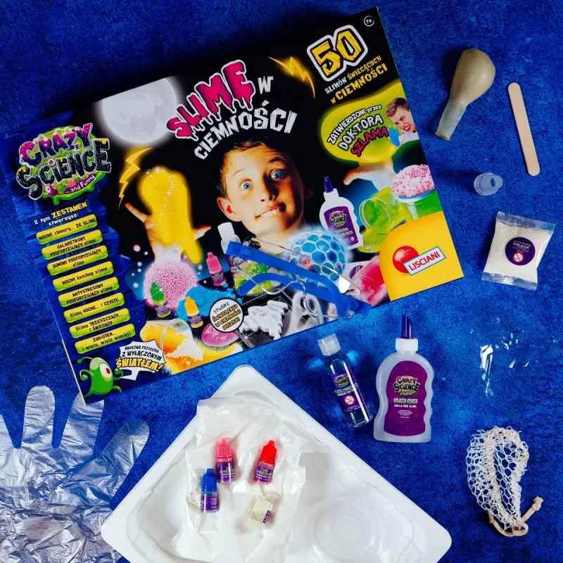 Zestaw naukowy Liscianigiochi Crazy Science Slime w ciemności 304-PL89239 — zestaw do eksperymentów ze świecącym w ciemności slime'em