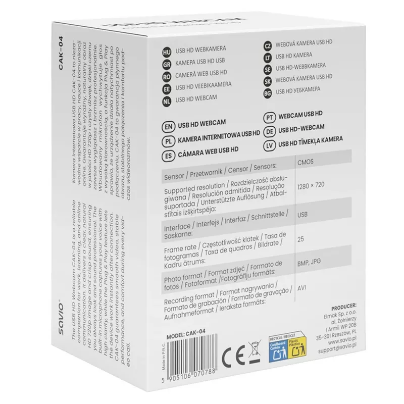 Kamera internetowa Savio CAK-04 720 MP 1280 x 720 pikseli USB Czarna