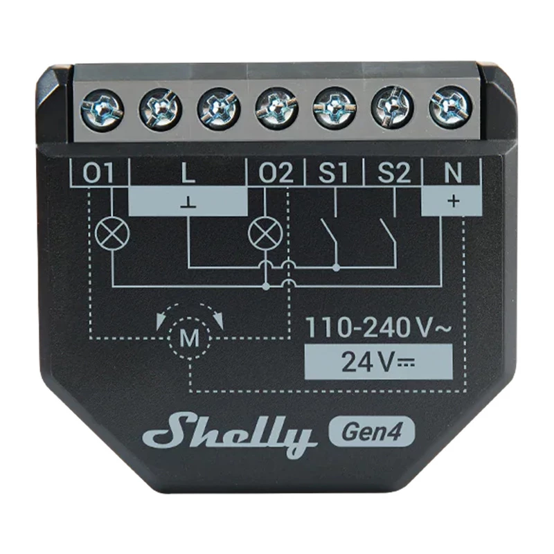 Shelly 2PM Gen4 siłownik rolet/żaluzji 2-kanałowy, AC 110–240V, Wi‑Fi 2,4 GHz, 1,4 W, pamięć flash 8000 KB
