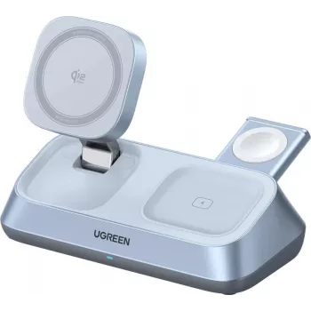 UGREEN MagFlow W711 3-w-1 magnetyczna bezprzewodowa ładowarka biurkowa Qi2 25W do iPhone’a, AirPodsów i Apple Watcha, srebrna