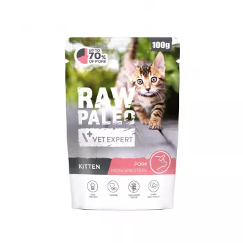 Mokra karma dla kociąt VETEXPERT Raw Paleo Kitten Pork 100 g — bezzbożowa karma pełnoporcjowa dla młodych kotów