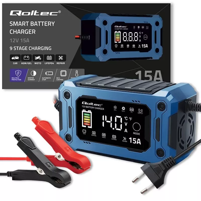 Inteligentna ładowarka 12V 15A QOLTEC z mikroprocesorem i LCD — do akumulatorów AGM, GEL, SLA, EFB, LiFePO4