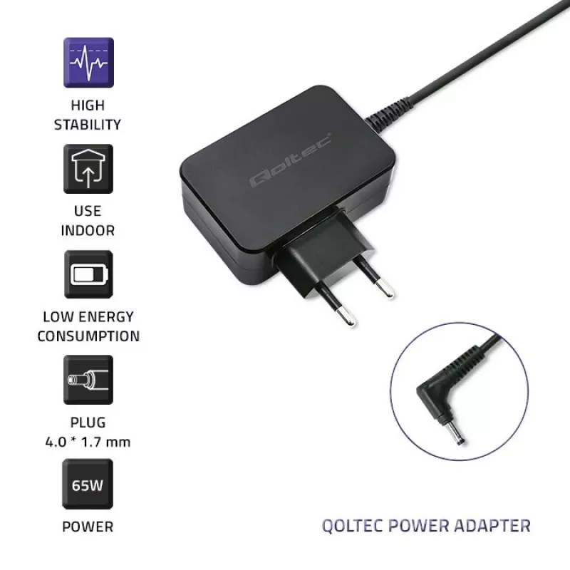 Qoltec 51026 zasilacz/przetwornica do użytku wewnątrz i na zewnątrz 65 W Czarny