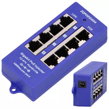 PoE Injector Extralink Gigabit 4-Port, 4x 1000Mb/s RJ45, 48V, niebieski/czarny